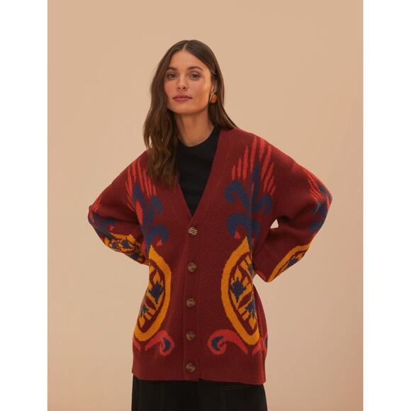 FARM RIO ACTIVE Red Pineapple Knit Cardigan Sweater Medium NEW - Picture 1 of 4